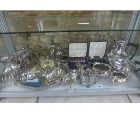 A collection of silver plated items, to include a four piece Walker and Hall tea set - some wear and damage to some pieces 