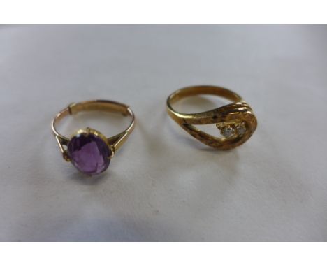 Two 9ct gold rings, sizes O, approx 5.5 grams, one set with two small diamonds, the other with an amethyst 