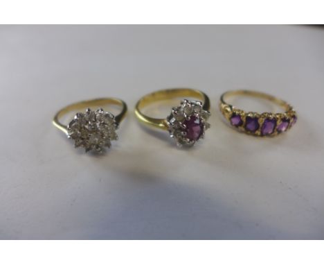 A hallmarked 9ct gold ring, approx 2.4 grams, and two unmarked gilt rings, approx 5.3 grams 