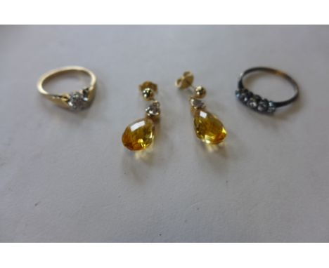 An 18ct ring, approx 1.5 grams, 9ct diamond ring, 2 grams, and a pair of 14ct earrings 