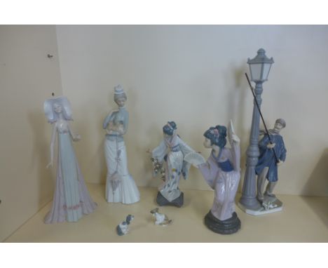 A Lladro figure lamp lighter, missing a thumb otherwise good, two Japanese girls, some chips and losses to both, a Lladro gir