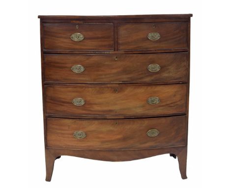 Georgian mahogany&nbsp;bowfront chest of drawers, the plain top over two short and three long graduated drawers raised on bra