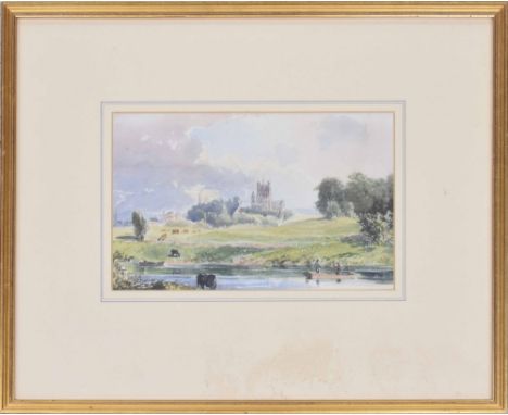 Millicent Helen Jones (1841-1928) - 'Tewkesbury Abbey, from Forthampton ferry' inscribed on an exhibition label verso with th