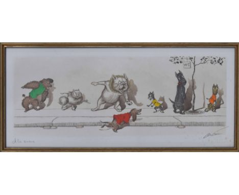 After Boris O'Klein (20th century) - 'A la queue' signed artist's proof coloured etching, 8" x 18.75" - ** from the 'Dirty Do