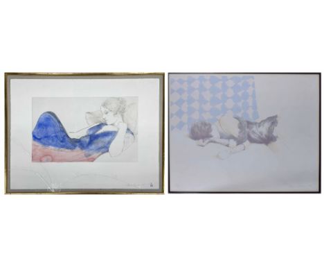 Adrian George (b.1944) -&nbsp;?Sleep? a reclining girl in a blue dress, signed artist proof, also dated 1985 and numbered 2/3