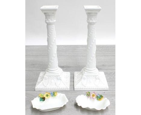 Pair of Royal&nbsp;Worcester&nbsp;Blanc de Chine porcelain candlesticks, moulded decorated with harebell twist columns and sw