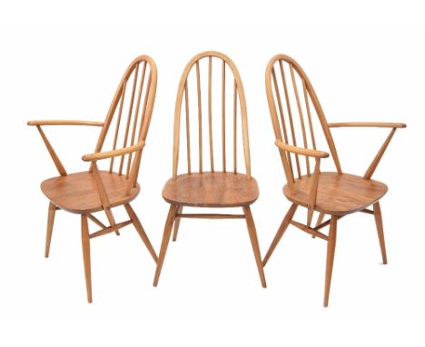 Three Ercol stick back Windsor dining chairs&nbsp;(two carvers), carvers 24" wide, seats measure 16" high, the backs 38" high