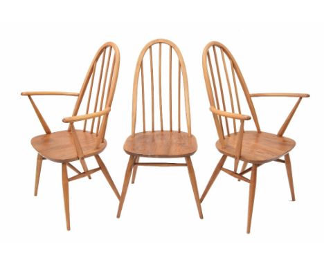 Three Ercol stick back Windsor dining chairs&nbsp;(two carvers), carvers 24" wide, seats measure 16" high, the backs 38" high