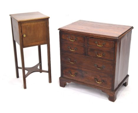 Georgian mahogany commode,&nbsp;modelled as a small chest of drawers, the moulded hinged cover enclosing seat with faux front