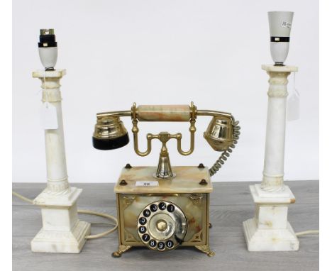 Vintage style onyx and brass telephone with rotary dial, 10" wide, 10.5" high; together with a pair of Italian alabaster pill