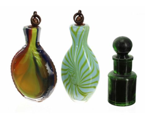 Vintage yellow swirl glass scent bottle, 5" high; together with another vintage glass agate type scent bottle, 4.5" high; als