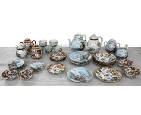 Decorative Japanese eggshell porcelain tea set&nbsp;comprising a teapot, six plates 7" diameter, five cups with saucers, sucr