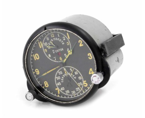 Russian MIG multi-function aircraft clock, with luminous hands, the 3" dial numbered 51676, with two subsidiary chronograph d