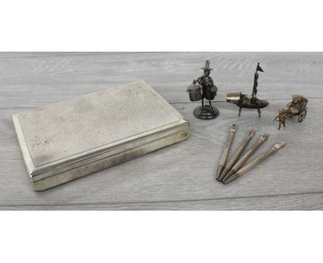 Set of four silver bridge scoring pencils, maker William Manton, Birmingham 2004; together with a plated playing card box, st