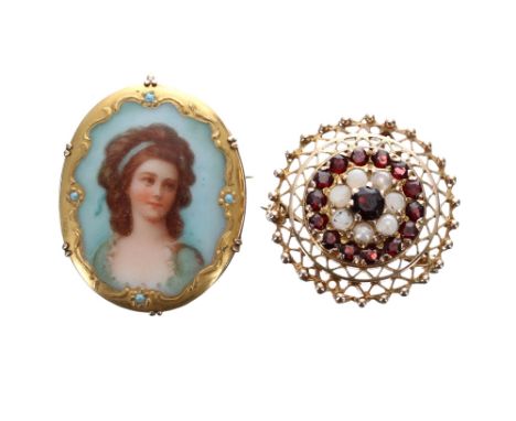Attractive 9ct mounted oval porcelain pendant/brooch, painted with a portrait of a lady on a blue ground with a gilded and tu