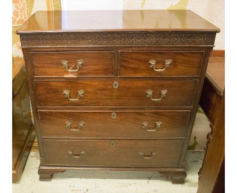 CHEST, George II mahogany with blind fretwork frieze over two short and three long graduated drawers on bracket supports, 107