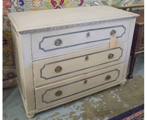 COMMODE, 19th century Scandinavian traditionally grey painted with three long drawers, 127cm x 57cm x 93cm H.