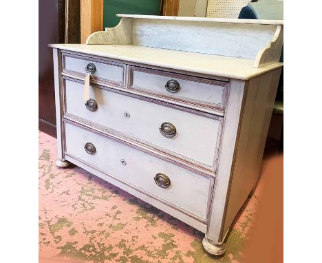 COMMODE, 19th century German painted pine with 3/4 white marble galleried top over two short and two long drawers on bun feet