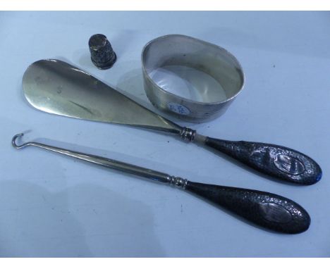 MIXED LOT OF SILVER ITEMS. Mixed lot of silver items including shoe horn, button hook, napkin ring etc