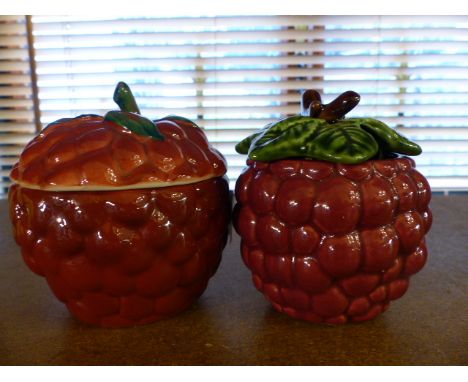CARLTONWARE LIDDED PRESERVE POTS. Carltonware Raspberry and Strawberry lidded preserve pots, H - 11cm