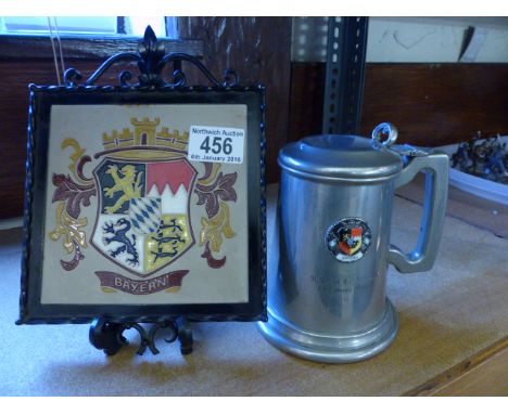 PEWTER RAF TANKARD. Pewter tankard with markings R.A.F Mission Germany and framed ceramic tile of Bayern