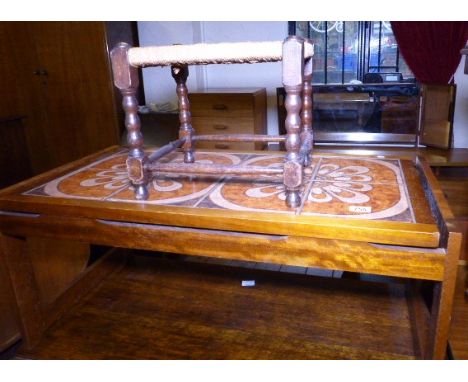 TILE TOPPED COFFEE TABLE. Tile topped coffee table and strung stool