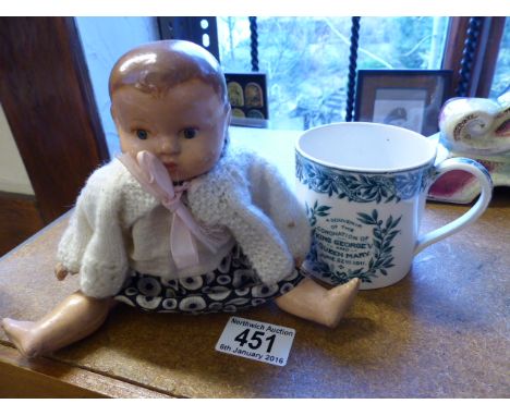 DOLL & WEDGWOOD CUP. Small vintage doll with ceramic head and body and Wedgwood George and Mary Coronation mug