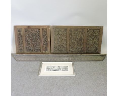 A 19th century carved panel, 58 x 99cm, together with two others smaller, and a signed etching, 10 x 37cm