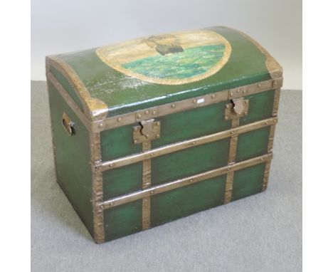 A green painted wooden and brass bound dome top trunk, the top painted with a ship at sea, 75cm wide