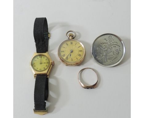 A French 9 carat gold ladies pocket watch, together with an early 20th century ladies wristwatch and a 9 carat gold ring