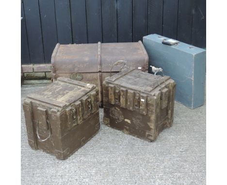 An ammunition box, together with another, a military case and a cabin trunk, 82cm 