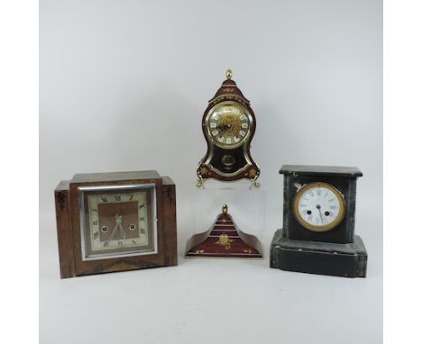 A red lacquered and gilt painted mantel clock, 33cm tall, with bracket, together with a black slate mantel clock and a walnut