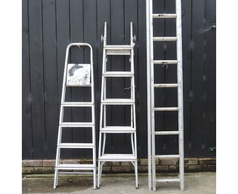 A double ladder, 283cm, together with two step ladders, tallest