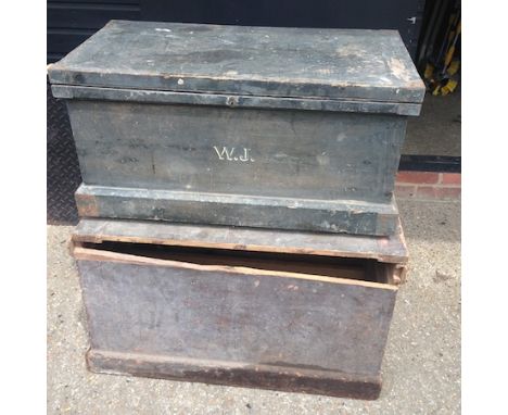 A 19th century pine carpenter's tool chest, 91cm, together with another and tools 