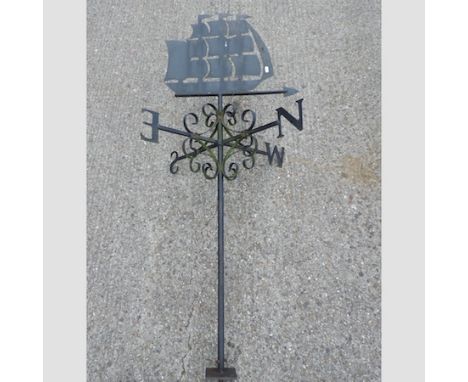 A wrought iron weather vane, in the form of a sailing ship, 149cm tall