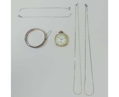 An early 20th century ladies open faced pocket watch, together with a silver bangle and chains