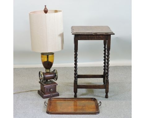 A table lamp in the form of a coffee grinder, together with a tray and a side table 