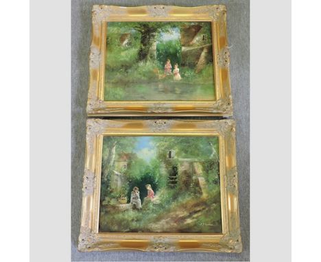 P. I. Attfield, 20th century, two children playing by a river, signed oil on canvas, together with the companion, a pair, 40 