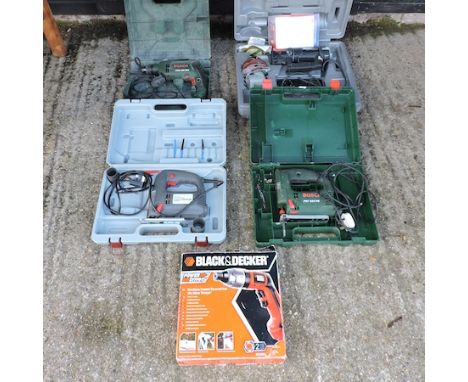 A collection of power tools, to include a Bosch drill and jigsaw 