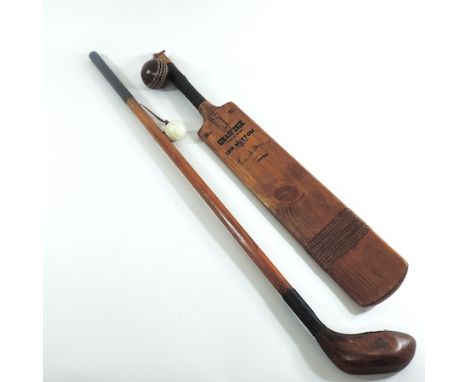 A cricket bat bearing a Len Hutton autograph, together with a golf club 