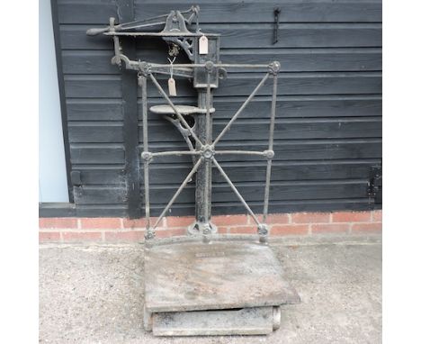A set of vintage potato scales, 120cm tall