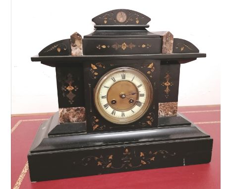 A late 19th century slate and marble inlaid mantel clock. 33 cm height, 37.5 cm width approx.