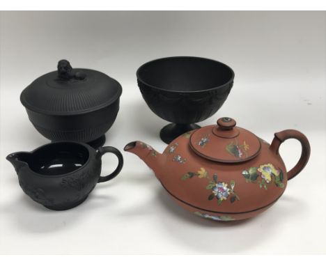 3 Wedgwood black basalt items together with an enamelled wedgewood terracotta teapot.