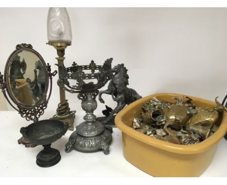 A collection of metal and brassware a lamp Marley Horse mirror and a quantity of brass animals. Postage Category C (a lot) NO