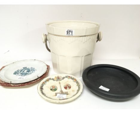 A jug and bowl ceramic bucket and other collectors plates. NO RESERVE