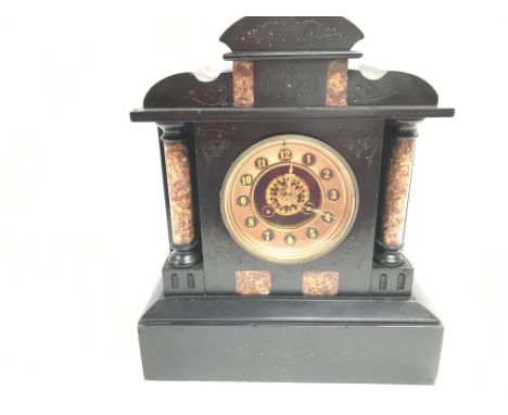 A Victorian slate rose marble inlaid clock approximately 34cm. Also two slate and marble side ornaments.
