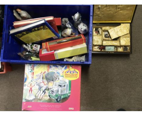 Assorted lot including NAO ceramics, a Hornby boxed carriage, model books, sewing box &amp; A boxed Days Gone Circus collecti