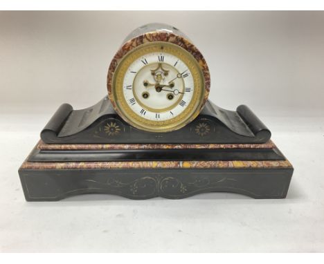 A slate mantle clock with Roman numeral face. 45 cm by 30cm approximately.