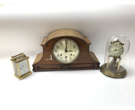 Clocks consisting of a brass Kundo clock with a glass dome, a Wellington repeater clock &amp; a mantel chiming clock