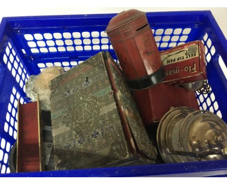 A collection of oddments including a Vintage George VI tin post box money box the reverse with a view of the Bank of England 
